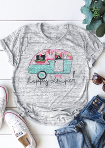 Summer Women T Shirt Camping Bus O Neck Short Sleeve T Shirt Female Short Sleeve Light Grey t shirt Casual Ladies Tops Tee