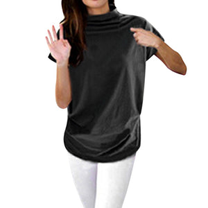 Women Turtleneck Short Sleeve Cotton Solid Casual Blouse Top T Shirt Plus Size