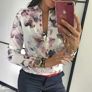 Spring Women Elegant Casual Blouse Floral Print Button Design Long Sleeve Shirt Basic Top