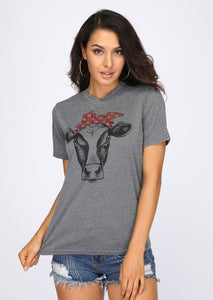 Women T Shirt Cow Bandana Print O Neck Gray t shirt Short Sleeve T Shirt