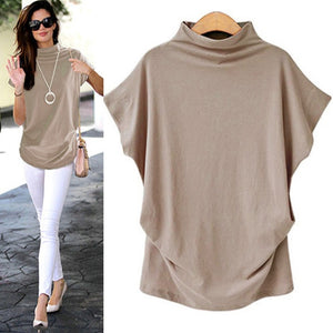 Women Turtleneck Short Sleeve Cotton Solid Casual Blouse Top T Shirt Plus Size