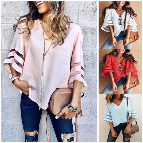 Women Casual Loose V Neck Kimono Chiffon Blouse Lady Summer Half Sleeve Solid Color Blouse Plus Size Tops