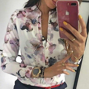 Spring Women Elegant Casual Blouse Floral Print Button Design Long Sleeve Shirt Basic Top