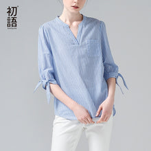 Load image into Gallery viewer, Toyouth New Vertical Striped  Women Tops And Blouses Summer Half Sleeve V Neck Shirts Female Slim Thin Blue Blouse Casual Camisa