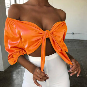 Bow Tie Off Shoulder Sexy Crop Top Women Half Sleeve Lace Up Bandage Cropped Shirt Spring Slim Short Party Tank Top Tees