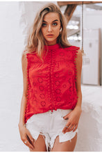 Load image into Gallery viewer, Elegant tank top women blouse Cotton embroidery red shirts feminina sexy top Stand neck tassel pompon ladies tops female